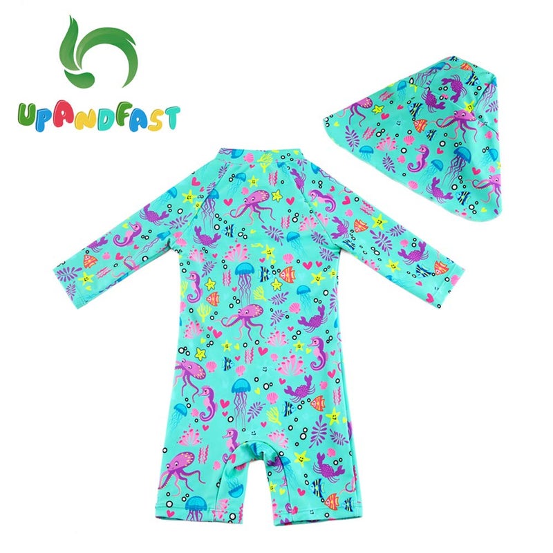 upandfast Baby/Toddler One Piece Zip Sunsuits with Sun Hat UPF 50+ Sun Protection Infant Beach Swimsuit (Green, 9-12 Months) - Image 2